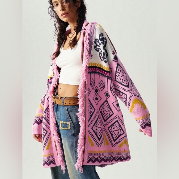 Sweaters - Bohemian fringe knit oversized cardigan sweater pink eye eyeball printed tribal